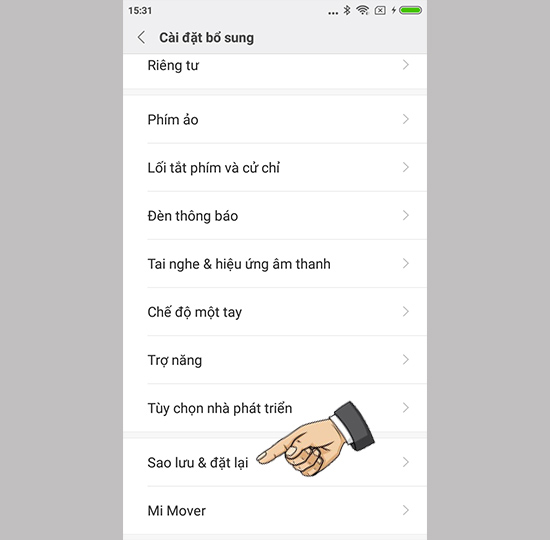Vào sao lưu và đặt lại